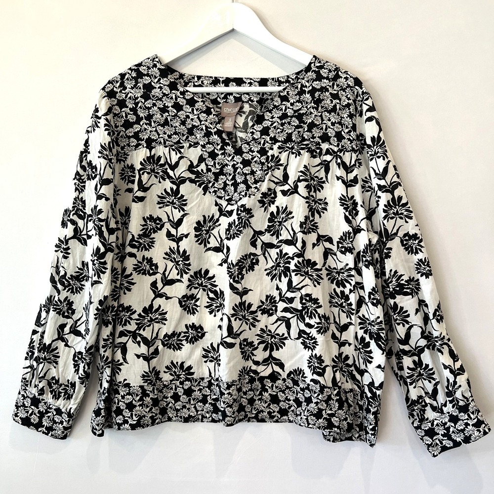 CHICOS Black Creamy White Floral Top Women 3 XL Long Sleeve V Neck Pullover Boho